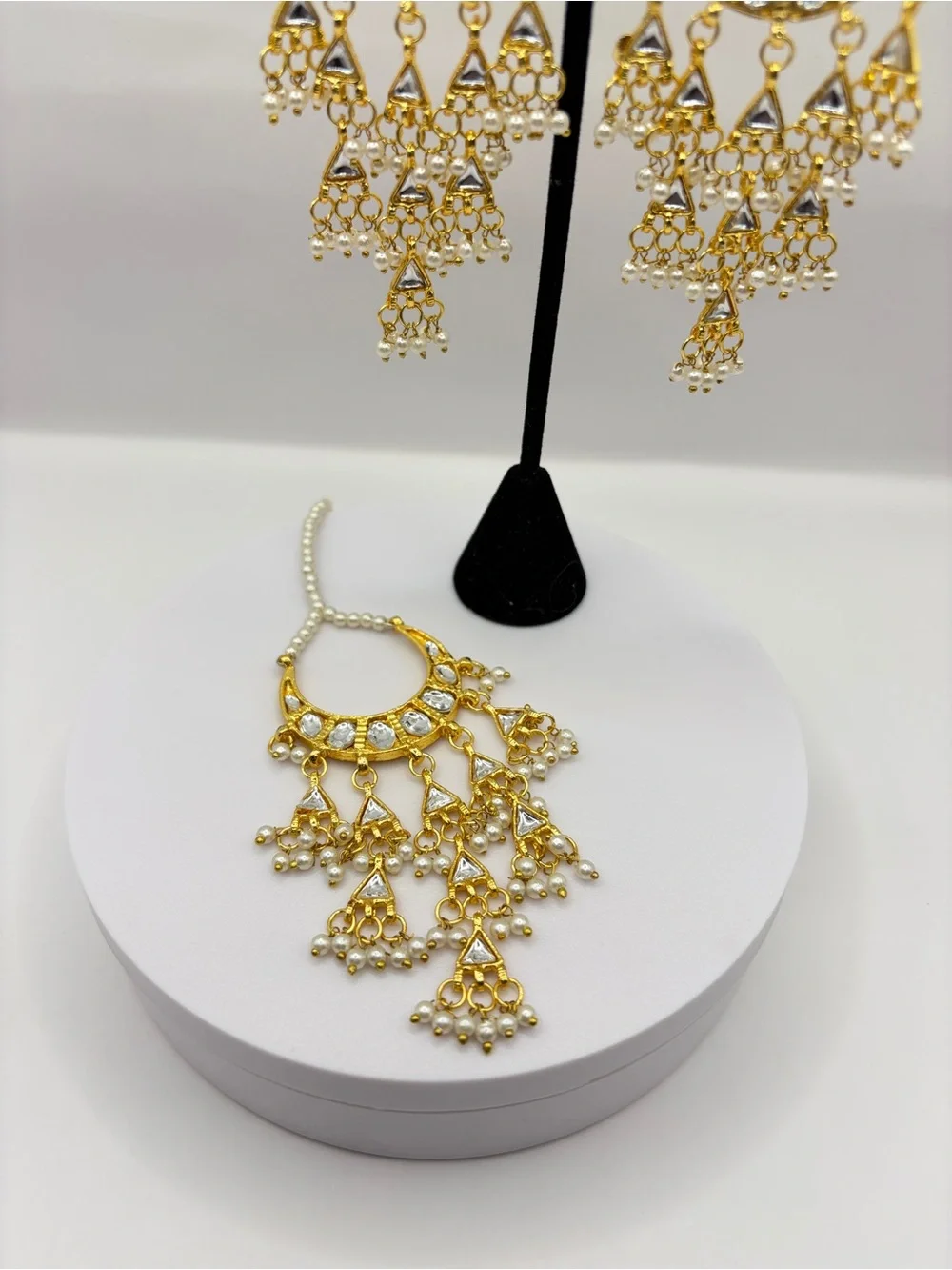 Gold-Tone Floral Chandbali Earrings and Tikka with Red Center and Pearl Drops